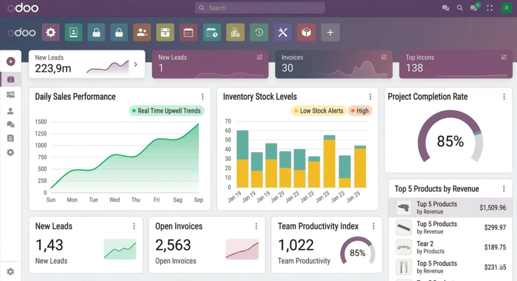 ¿Qué es Odoo? Interfaz del panel de control del ERP líder en 2026.