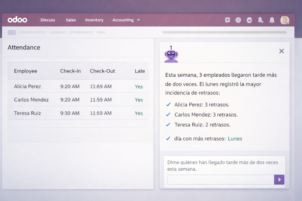 dashboard de Odoo con una ventana de chat inteligente que muestra gráficos generados automáticamente