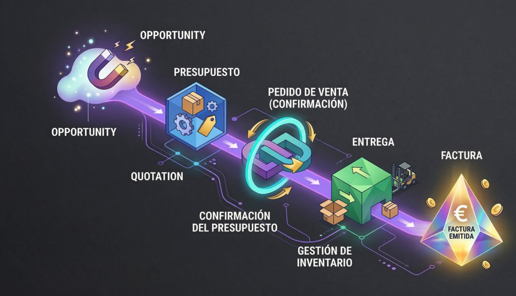 Esquema de flujo de ventas e inventario en Odoo ERP