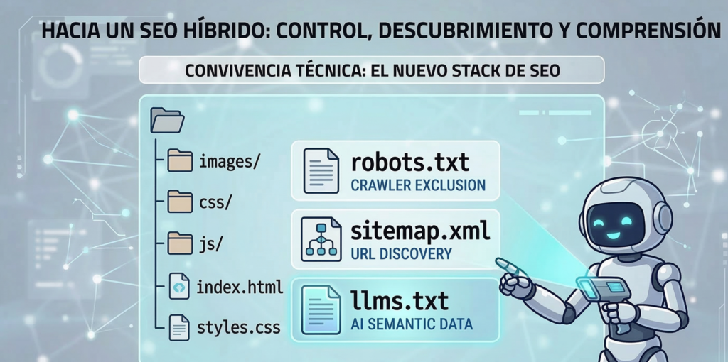 imagen de un directorio de archivos de servidor mostrando la convivencia de robots.txt, sitemap.xml y llms.txt