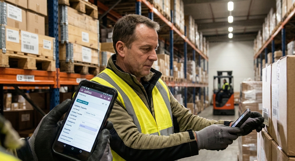 imagen de un empleado utilizando la app móvil de Odoo en un almacén o planta de producción