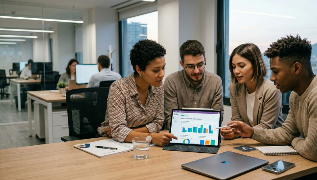imagen de un equipo de trabajo analizando métricas en una tablet