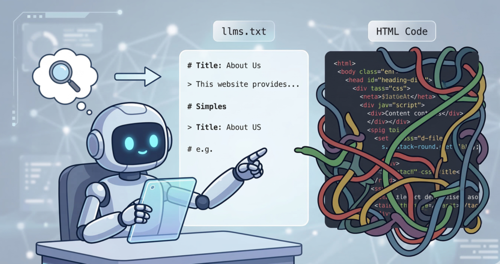 Robot analizando un archivo de texto limpio frente a una maraña de código HTML.