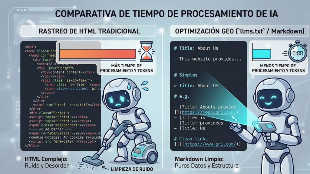 imagen de una comparativa entre el tiempo de procesamiento de una IA leyendo HTML vs. leyendo Markdown