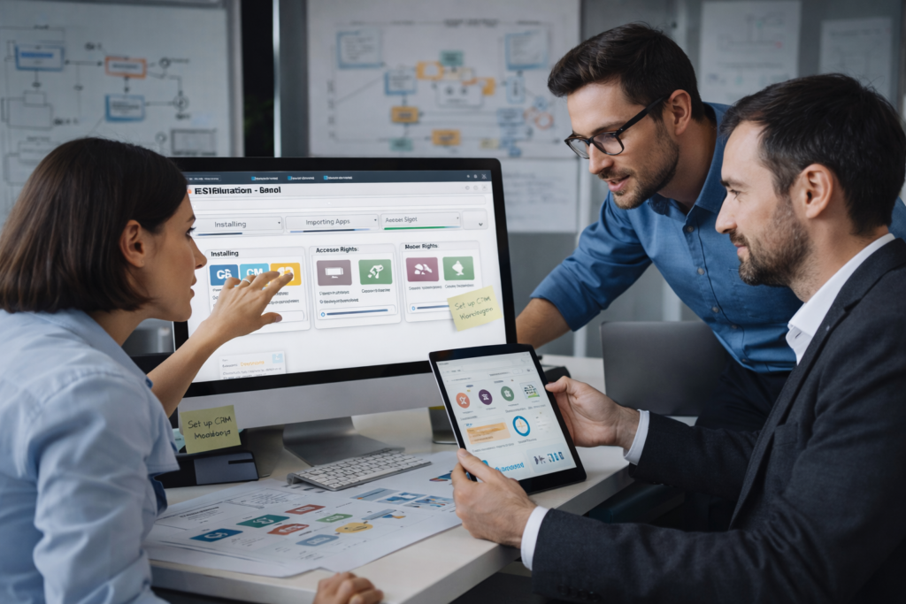 Equipo de consultores implementando un sistema ERP y configurando procesos empresariales