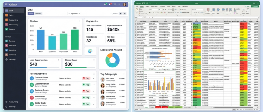 Comparativa entre ERP moderno y gestión manual en Excel.