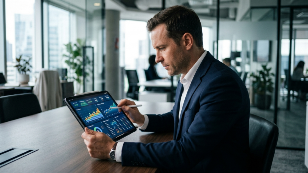 imagen de un empresario analizando métricas financieras en una tablet