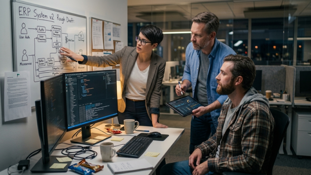 Equipo técnico analizando la arquitectura de sistemas y flujos de datos en una implantación de software empresarial.
